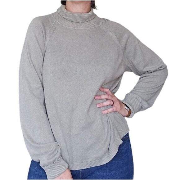 Vintage Talbots Gray Green Turtle Neck Sweater Womens Large 100% Cotton Neutral - Picture 1 of 8